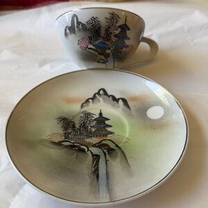 Vintage hand painted Kutani china Japan scenic pagoda landscape tea cup & saucer